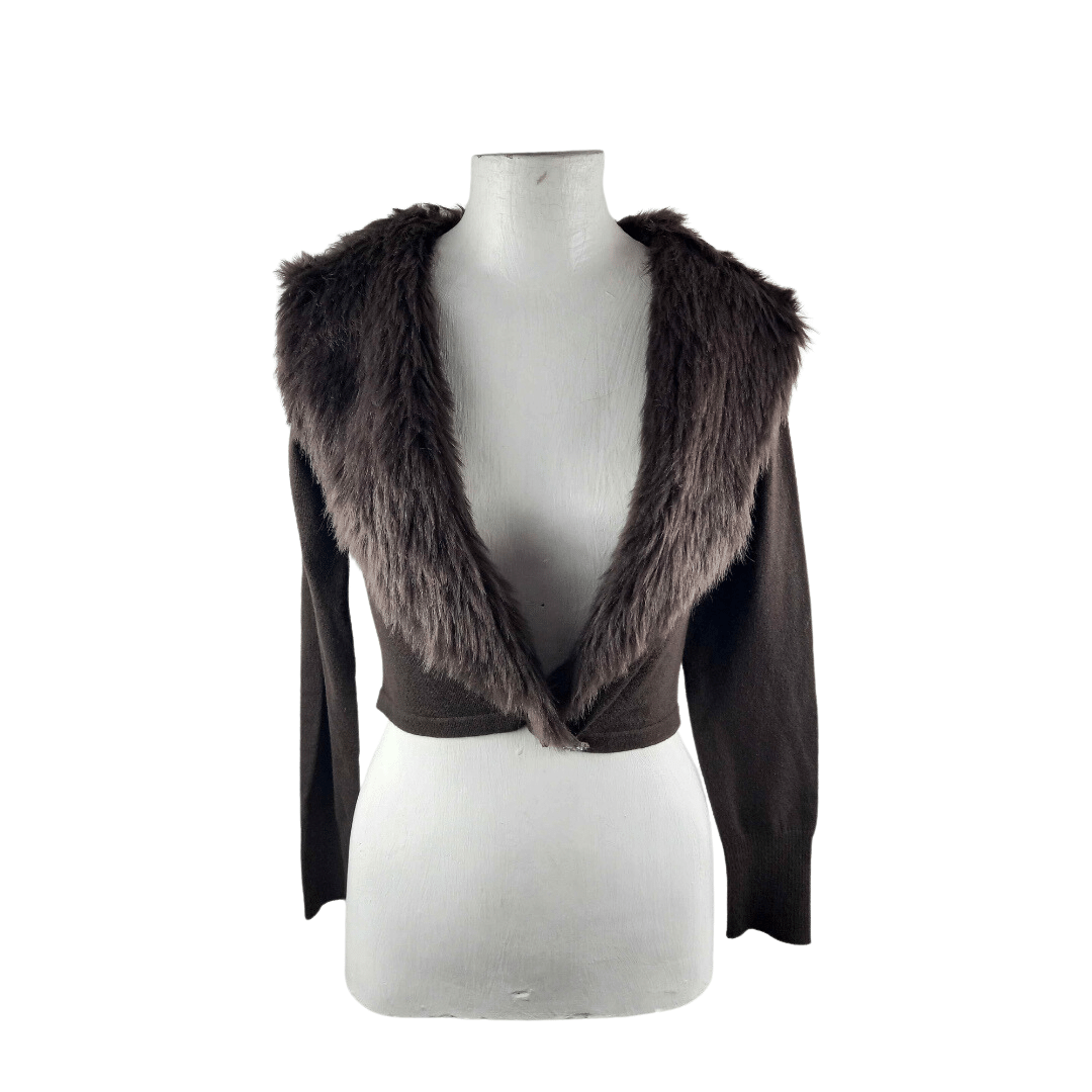 Knit crop jacket with fur collar - S