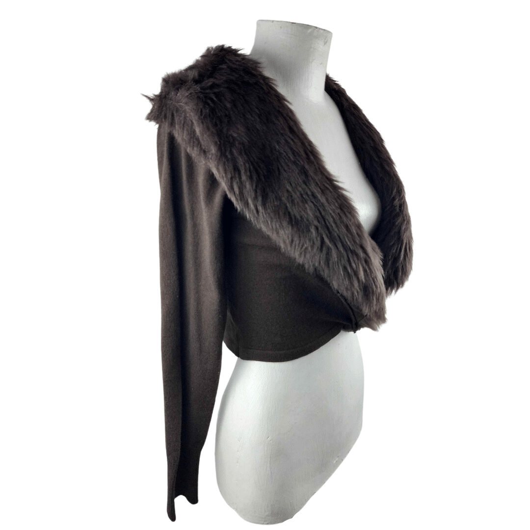 Knit crop jacket with fur collar - S