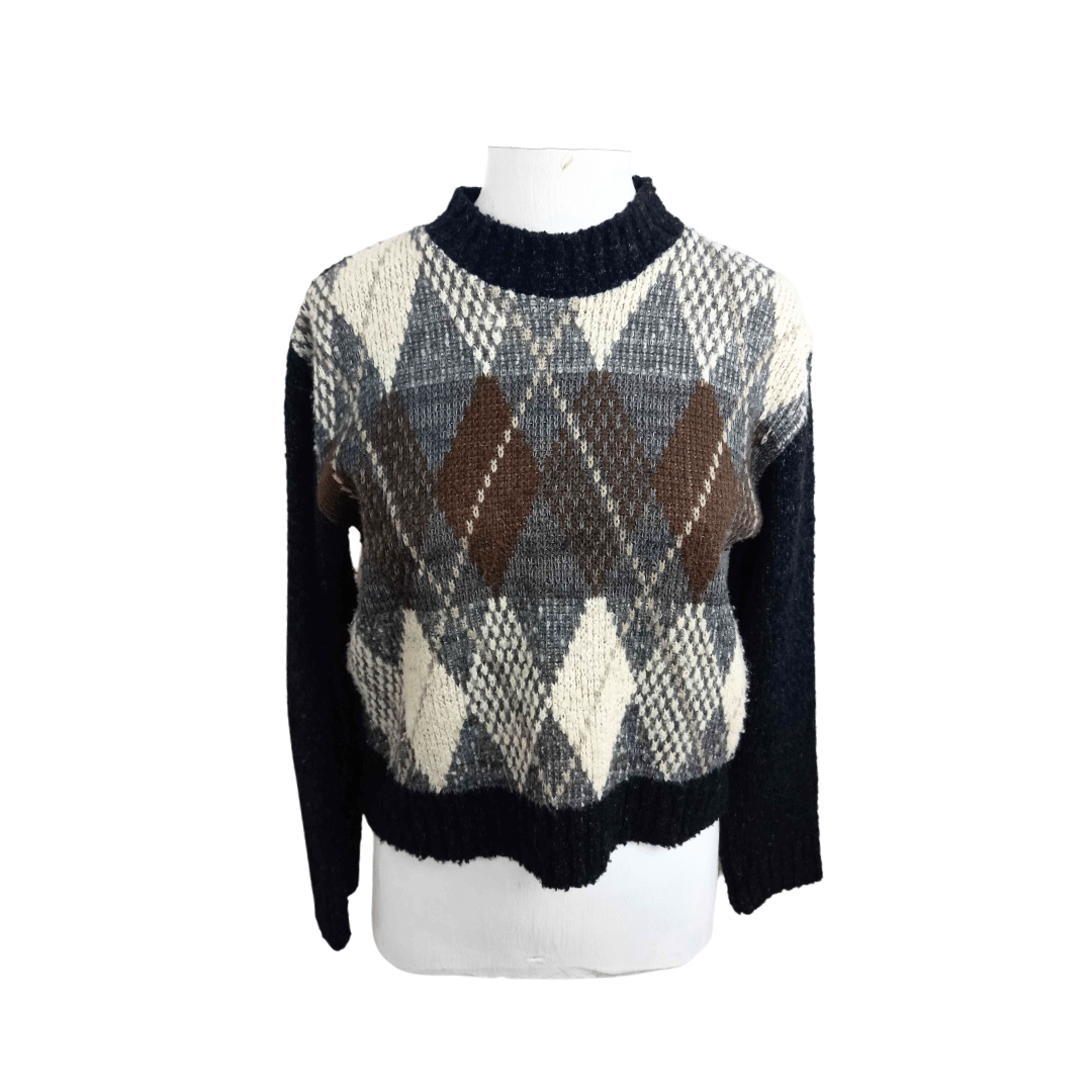 Longsleeve mock neck argyle cropped jersey - M
