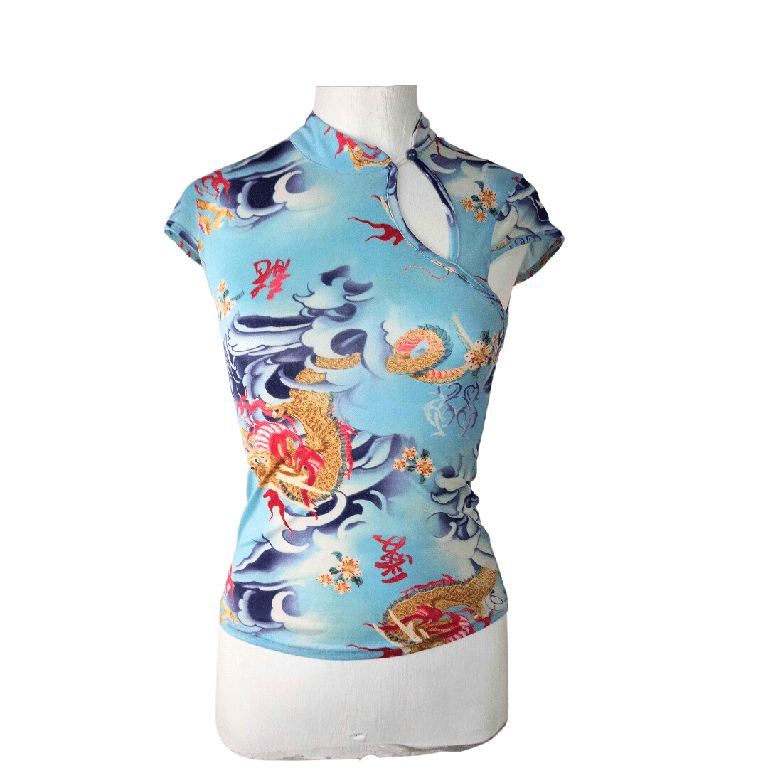 Oriental-style dragon print keyhole top - XS/S