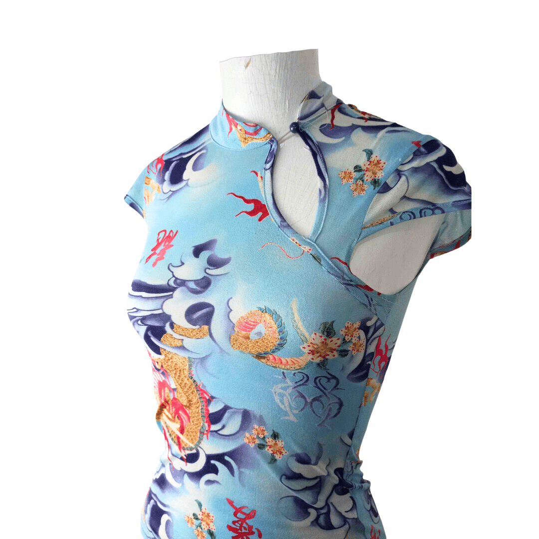 Oriental-style dragon print keyhole top - XS/S