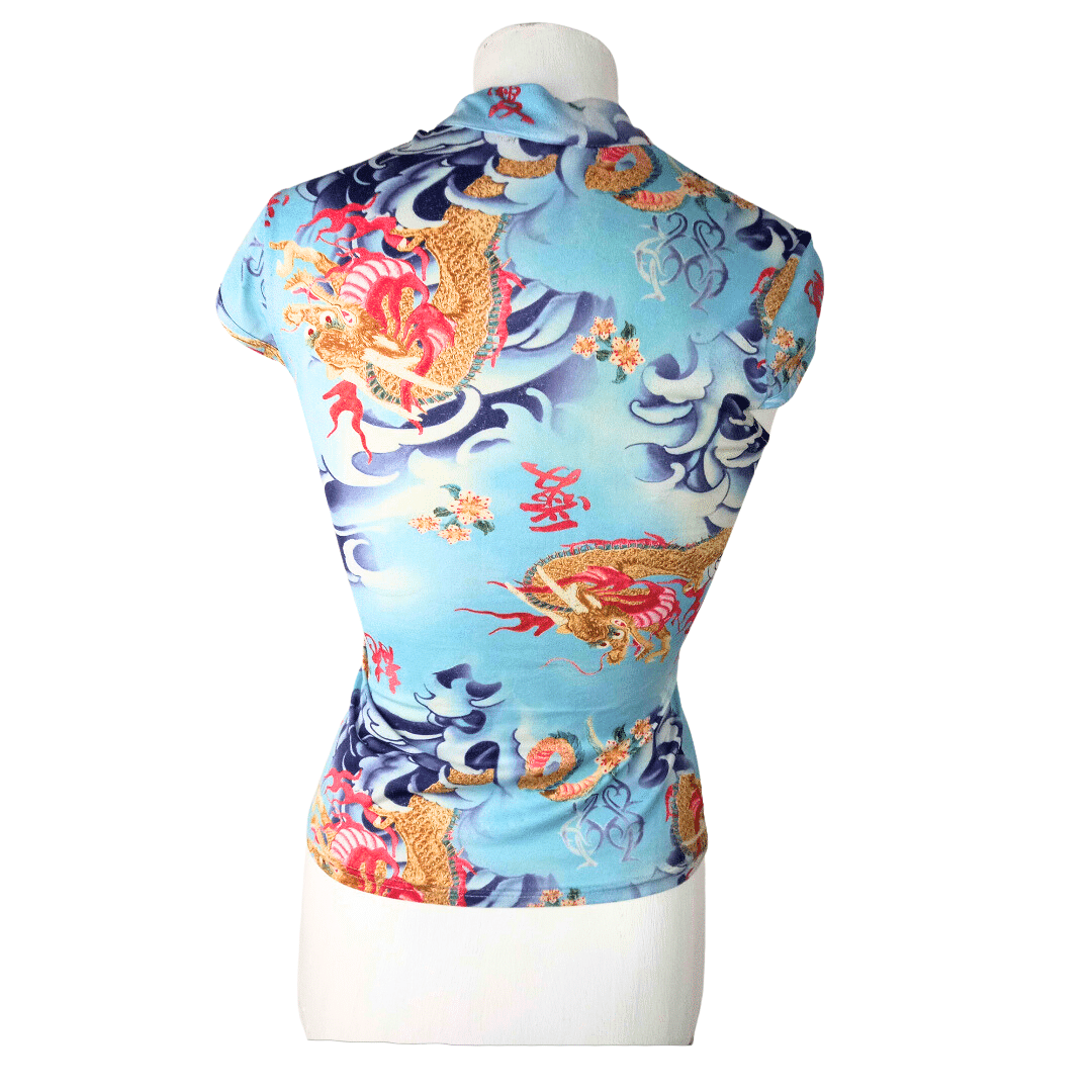 Oriental-style dragon print keyhole top - XS/S