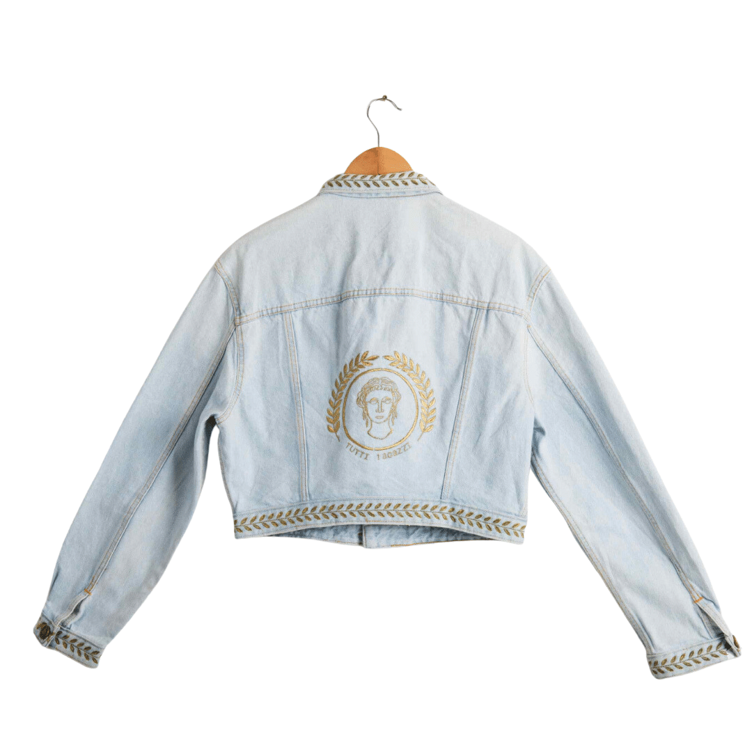 Denim cropped jacket with Roma embroidery - M