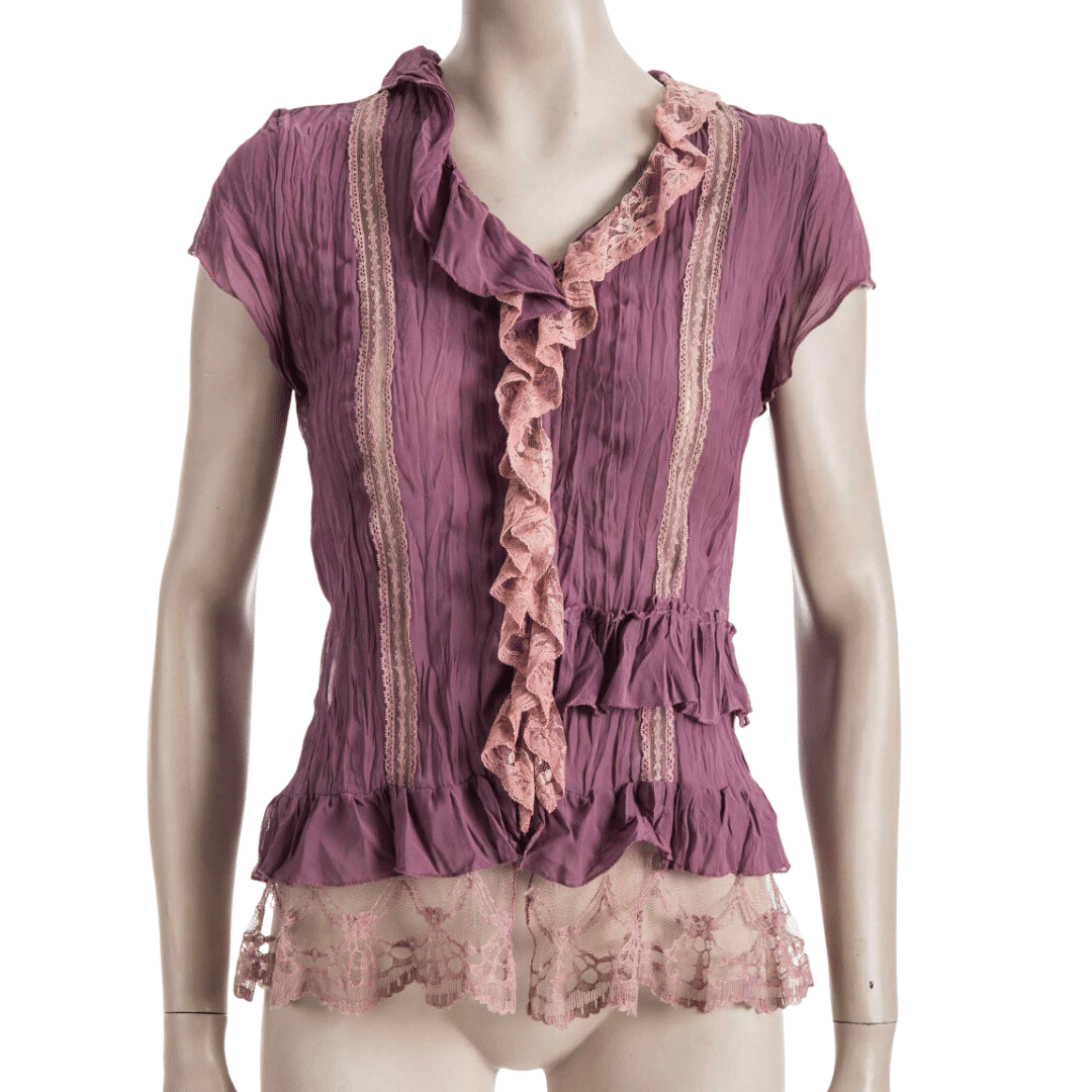 Crushed chiffon ruffled top with lace insert - M