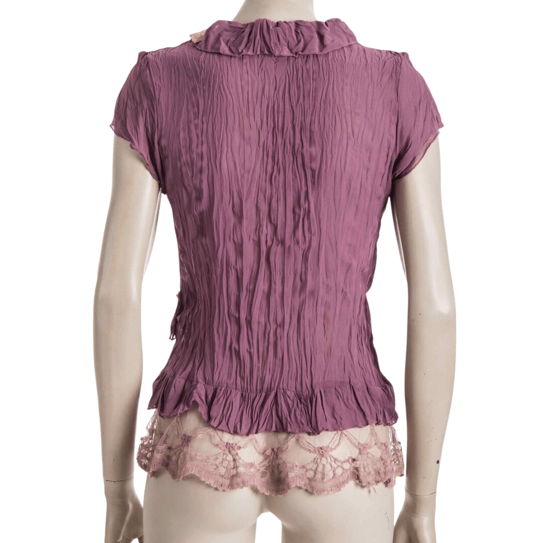 Crushed chiffon ruffled top with lace insert - M