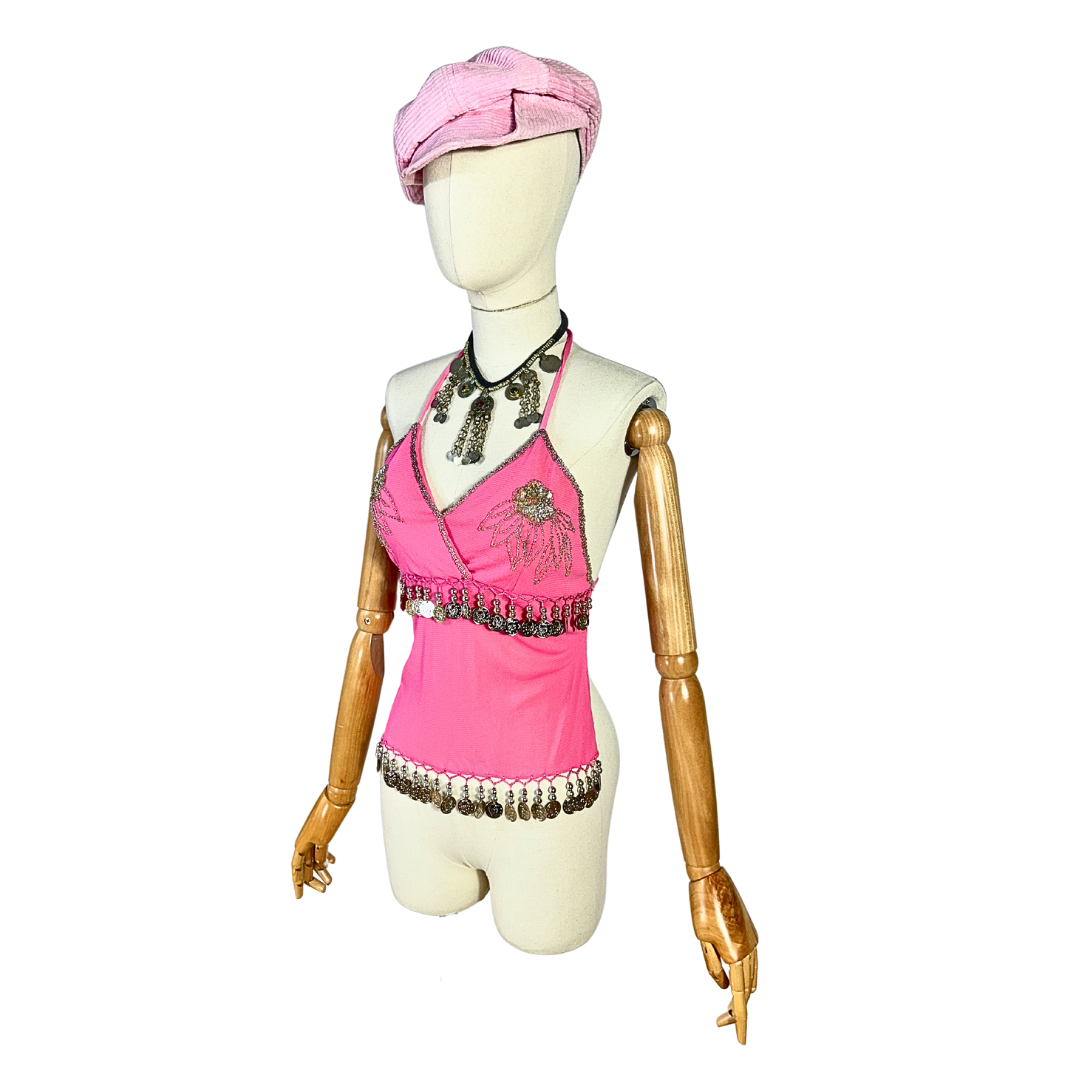 Pink Y2K halter neck backless top - S