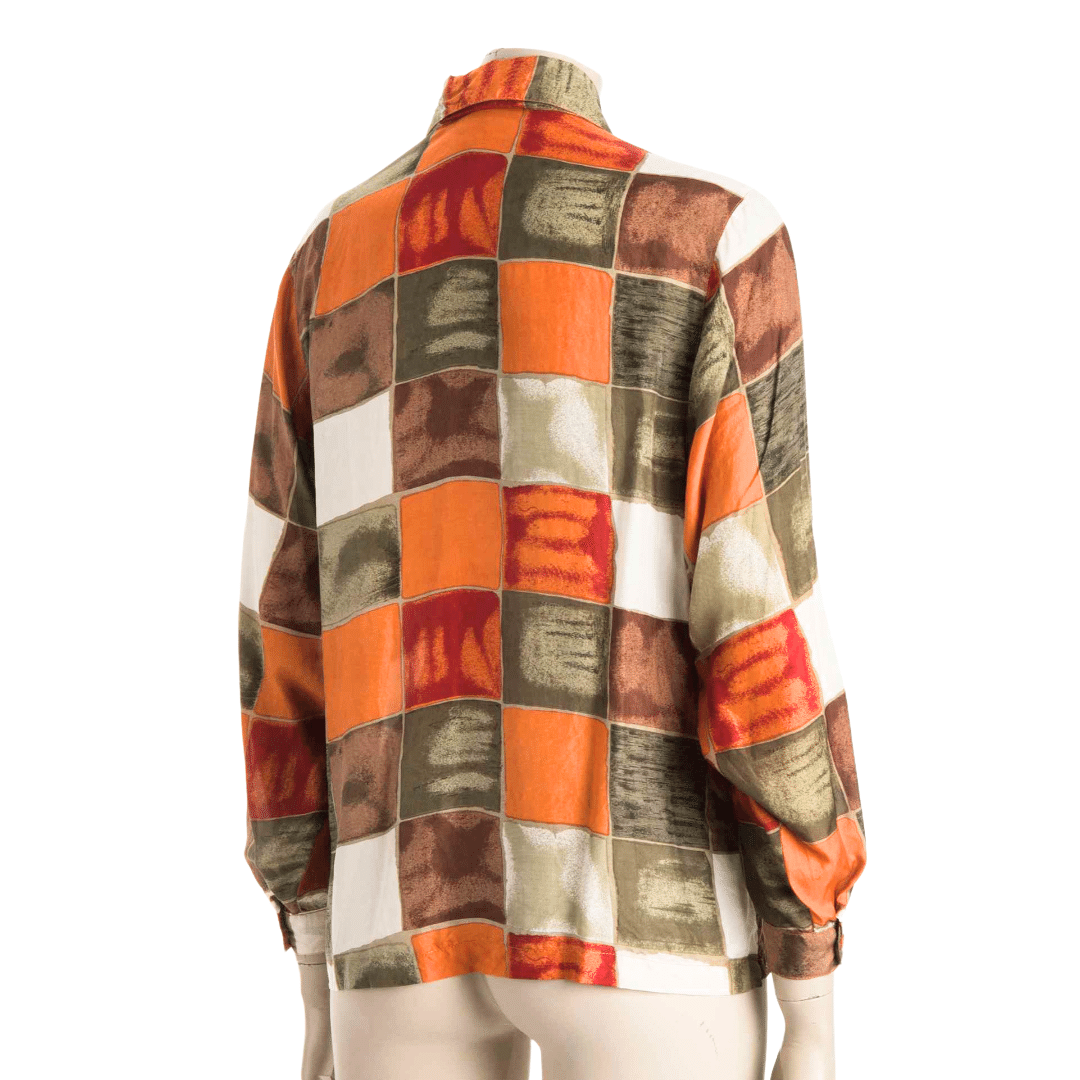 Square print longsleeve silk shirt - M