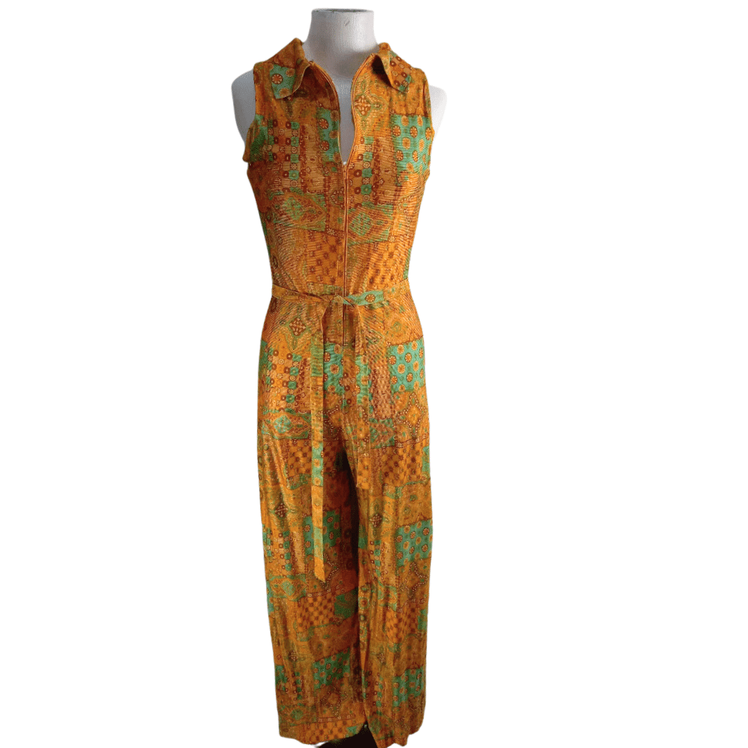 70s printed sleeveless silky jumpsuit - S/M