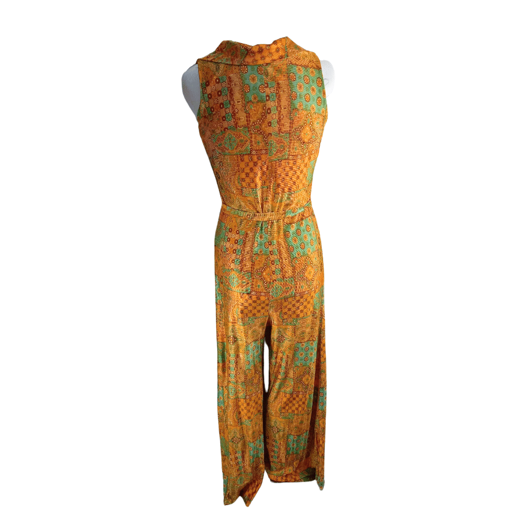 70s printed sleeveless silky jumpsuit - S/M