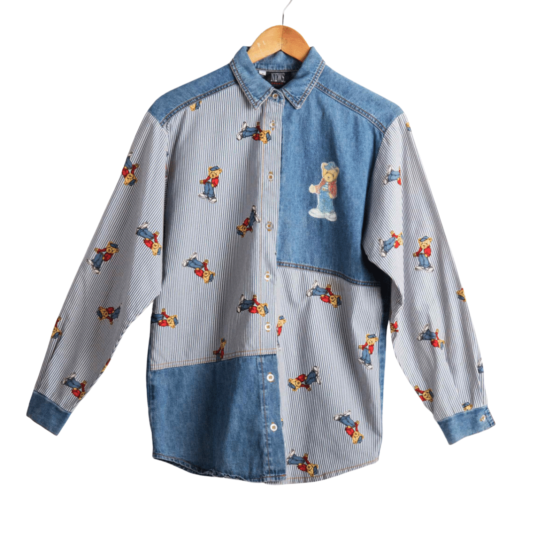 Pinstripe Teddy Bear print longsleeve denim shirt - S/M