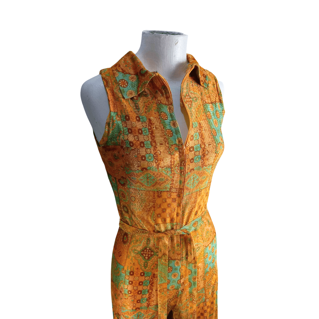 70s printed sleeveless silky jumpsuit - S/M