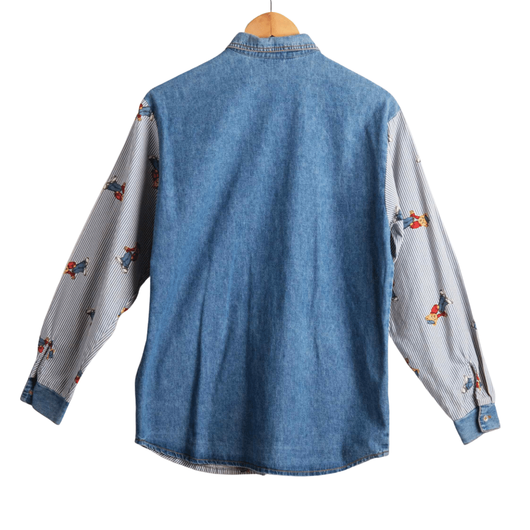 Pinstripe Teddy Bear print longsleeve denim shirt - S/M