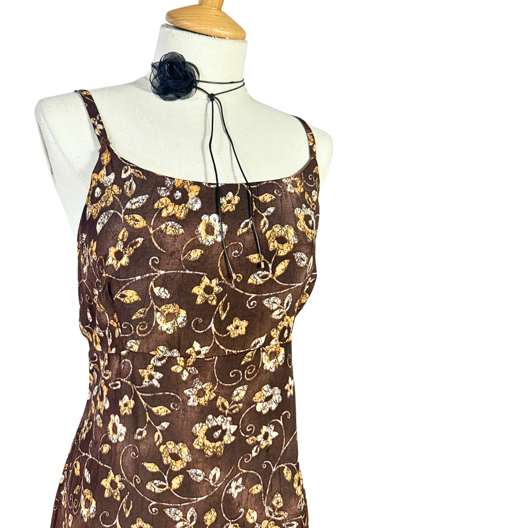 Brown 90s floral spaghetti strap dress - M