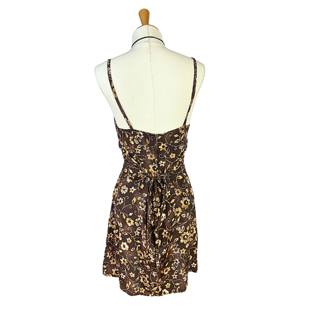 Brown 90s floral spaghetti strap dress - M