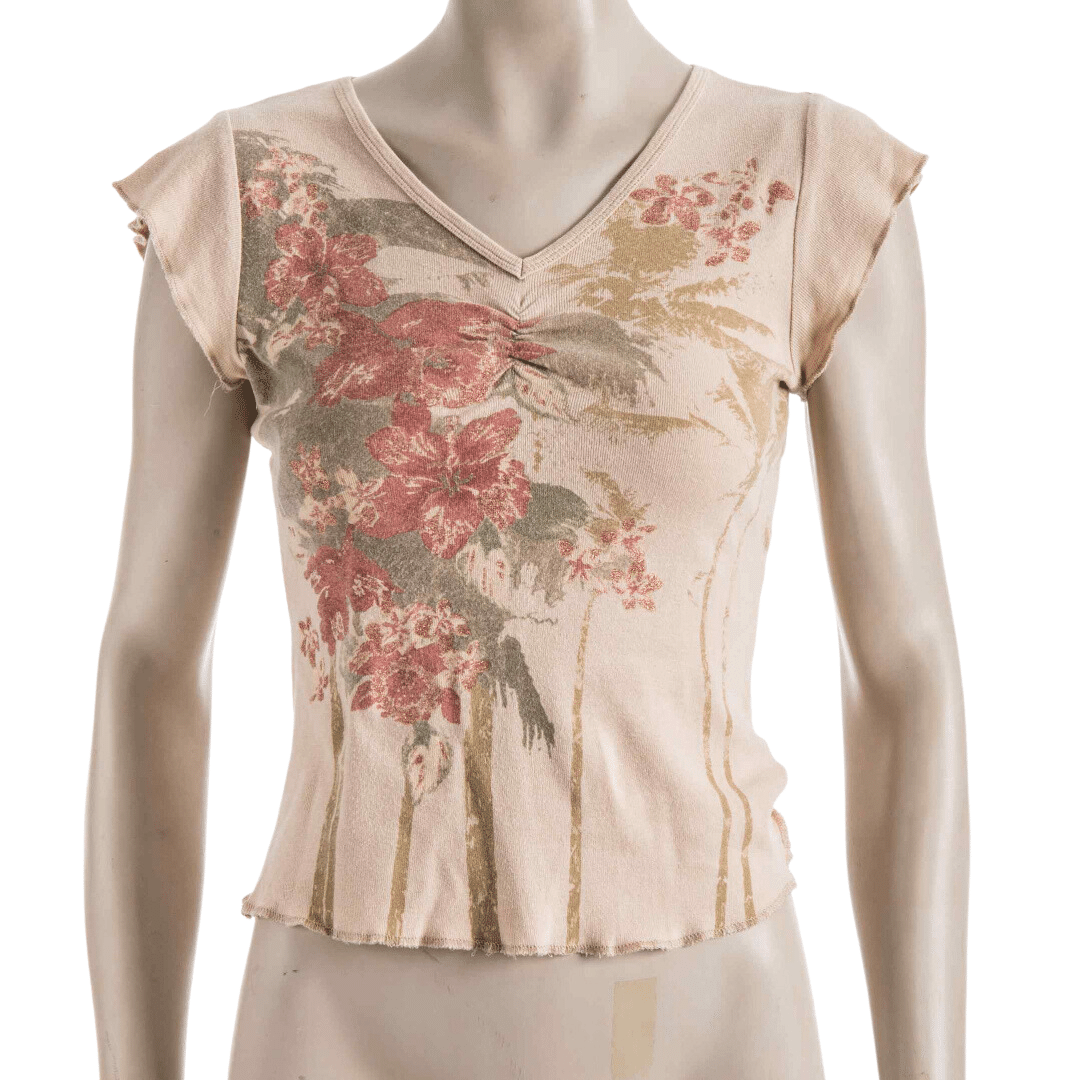 Floral v-neck cap-sleeve top - S