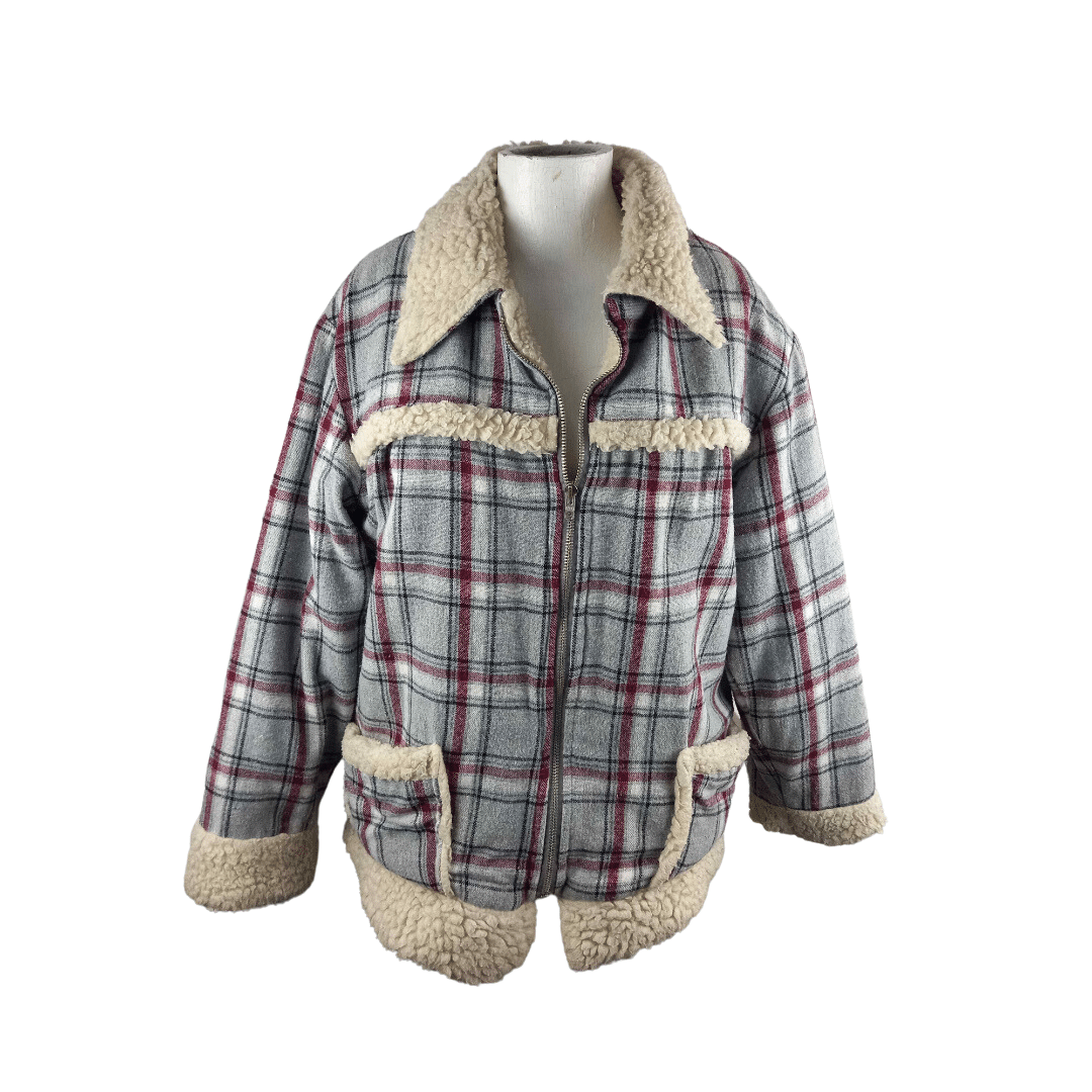 Plaid and sherpa zip up jacket - S