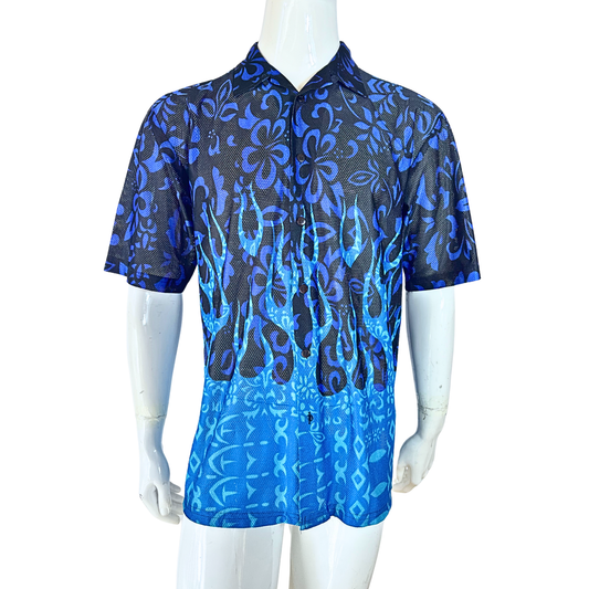 Blue flower motif mesh shirt - M