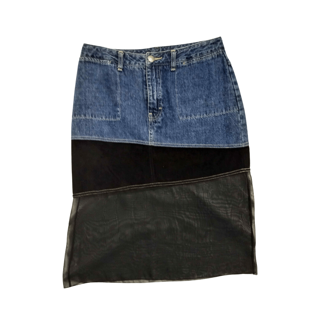 Midi skirt with denim, velvet, and chiffon tiers - M