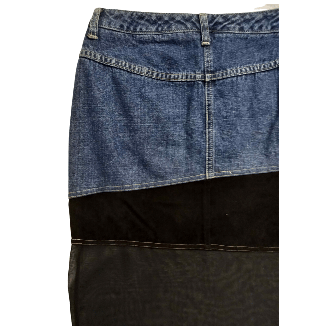 Midi skirt with denim, velvet, and chiffon tiers - M