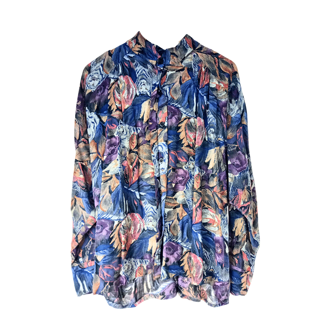 Floral and tiger print mandarin collar longsleeve shirt - XL
