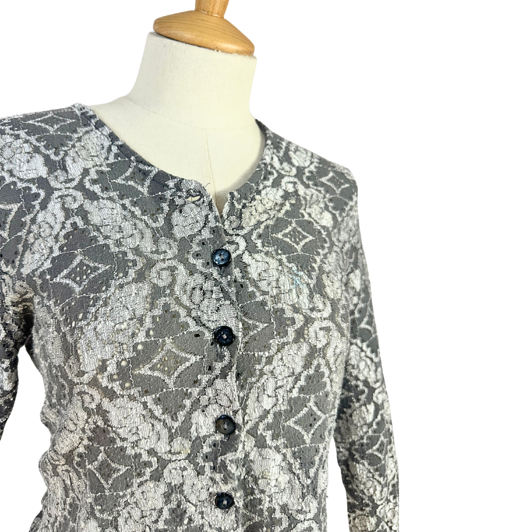 Grey vintage button down lace top - M
