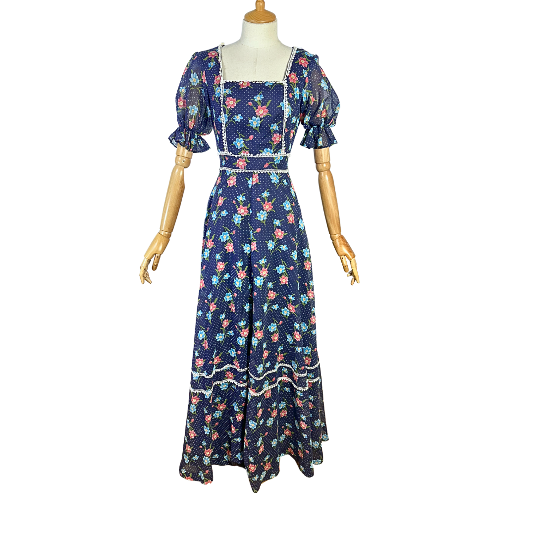 Vintage floral puff sleeve prairie maxi dress - XS