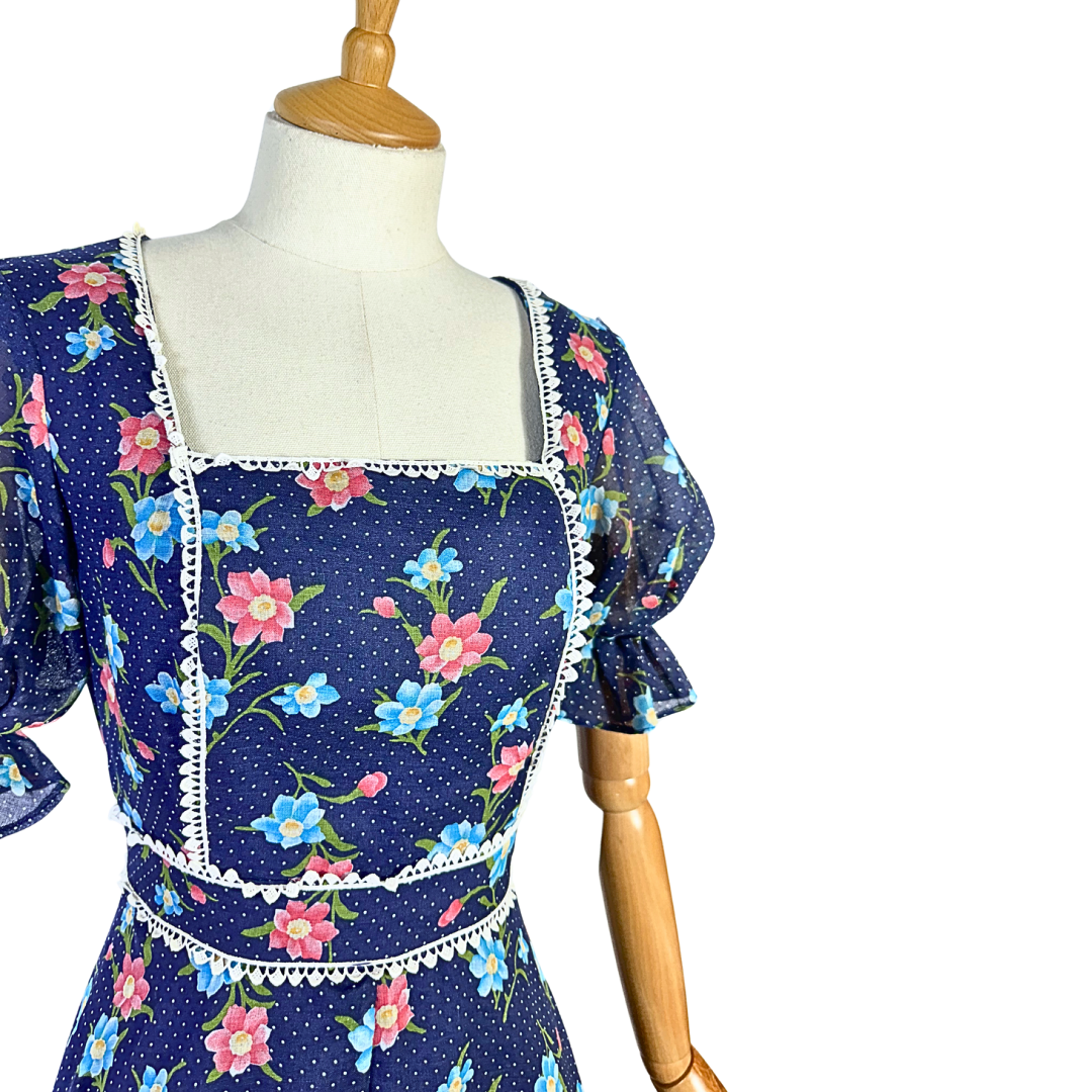 Vintage floral puff sleeve prairie maxi dress - XS