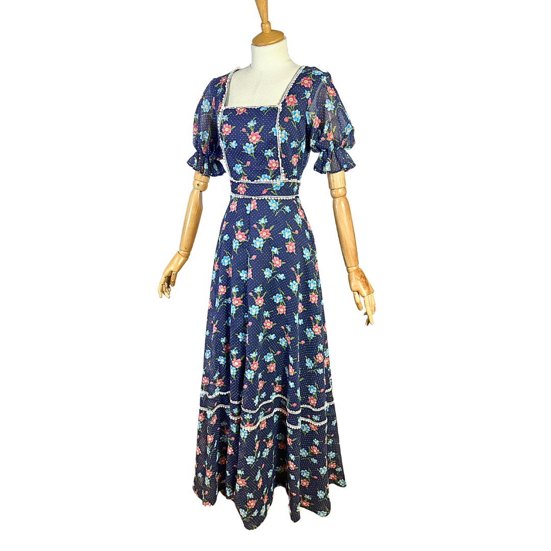 Vintage floral puff sleeve prairie maxi dress - XS