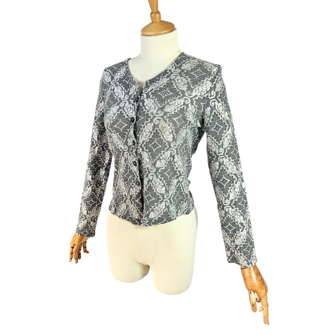 Grey vintage button down lace top - M