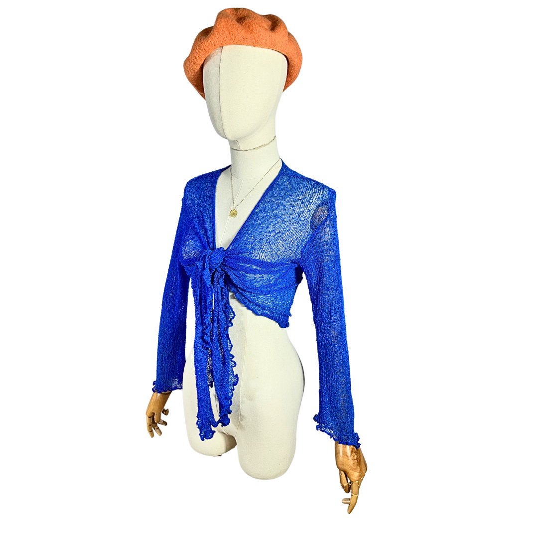 Blue tie front knitted crop top - S