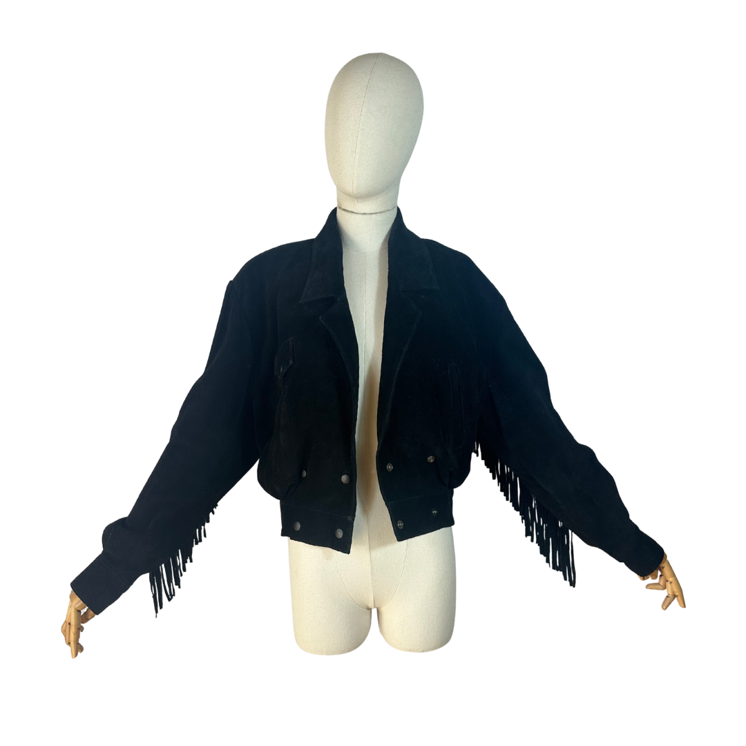 Black vintage suede leather jacket with fringe - S