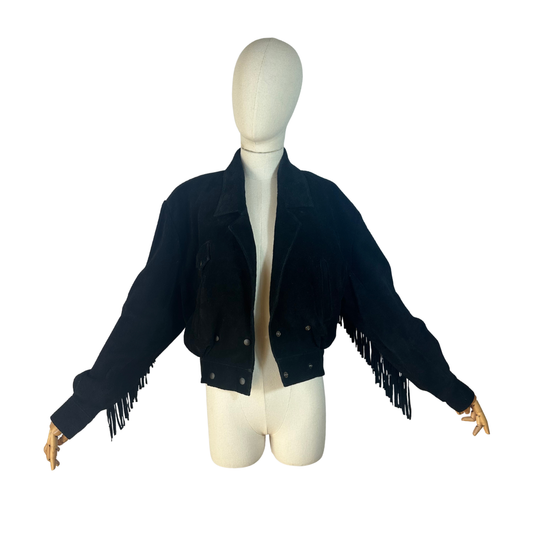 Black vintage suede leather jacket with fringe - S
