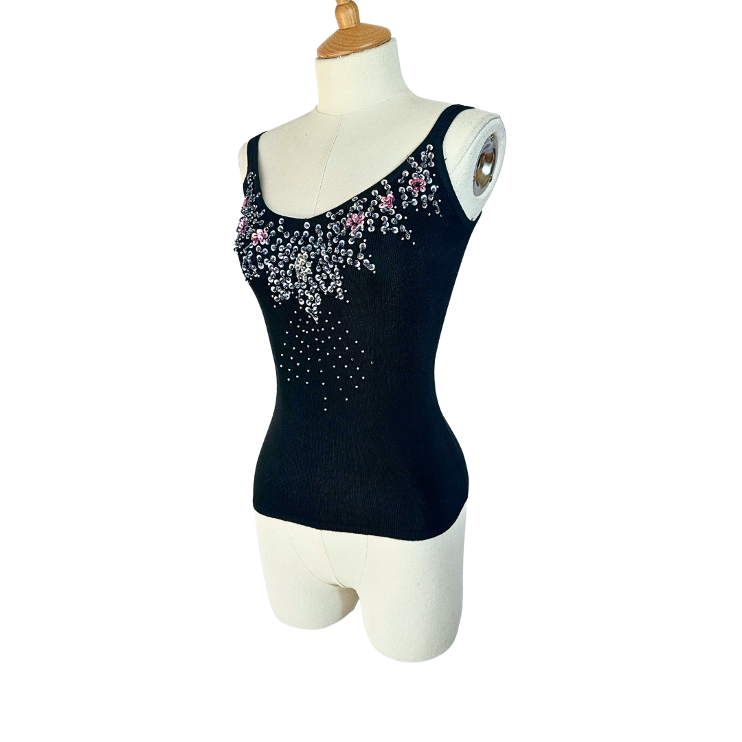 Black beaded ribbed knit top - S