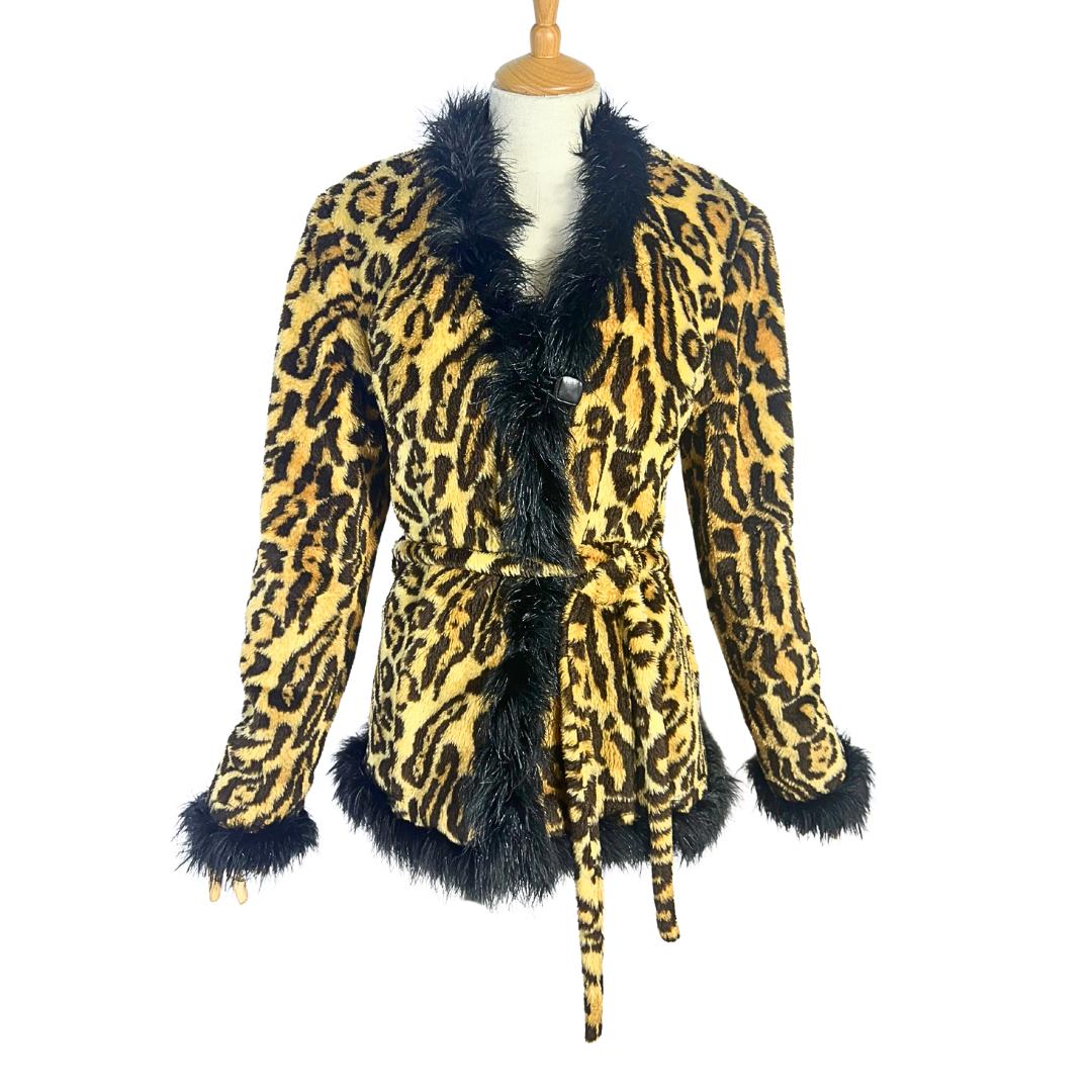 90s leopard print faux fur coat - S