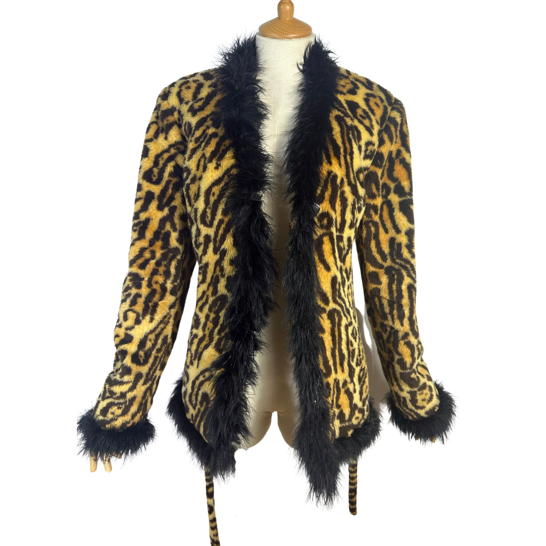 90s leopard print faux fur coat - S
