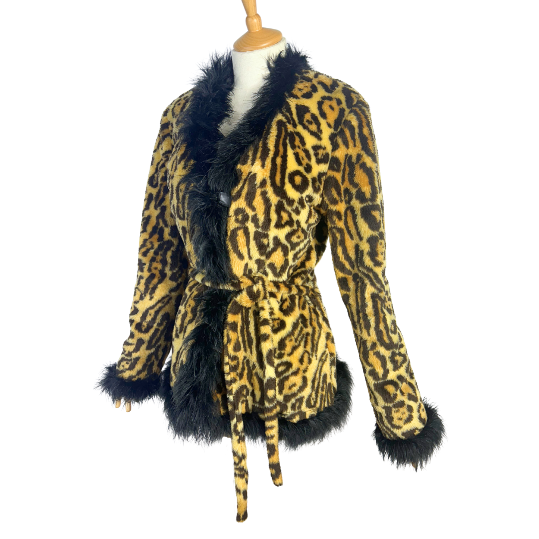 90s leopard print faux fur coat - S
