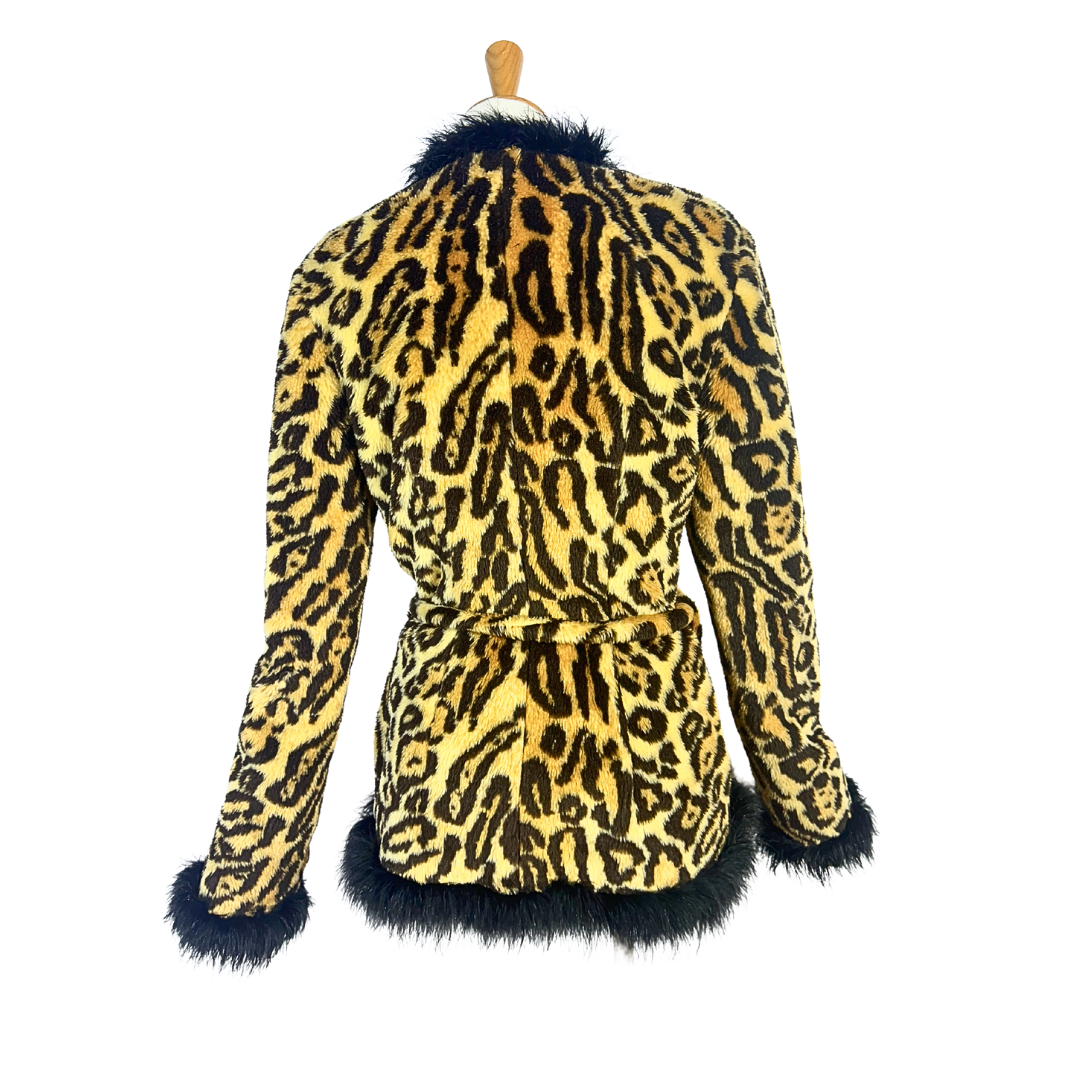 90s leopard print faux fur coat - S