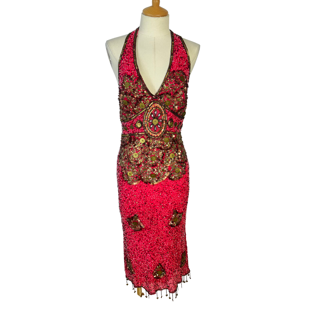 Fuchsia vintage beaded silk dress - S