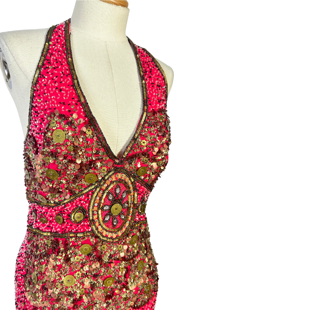 Fuchsia vintage beaded silk dress - S