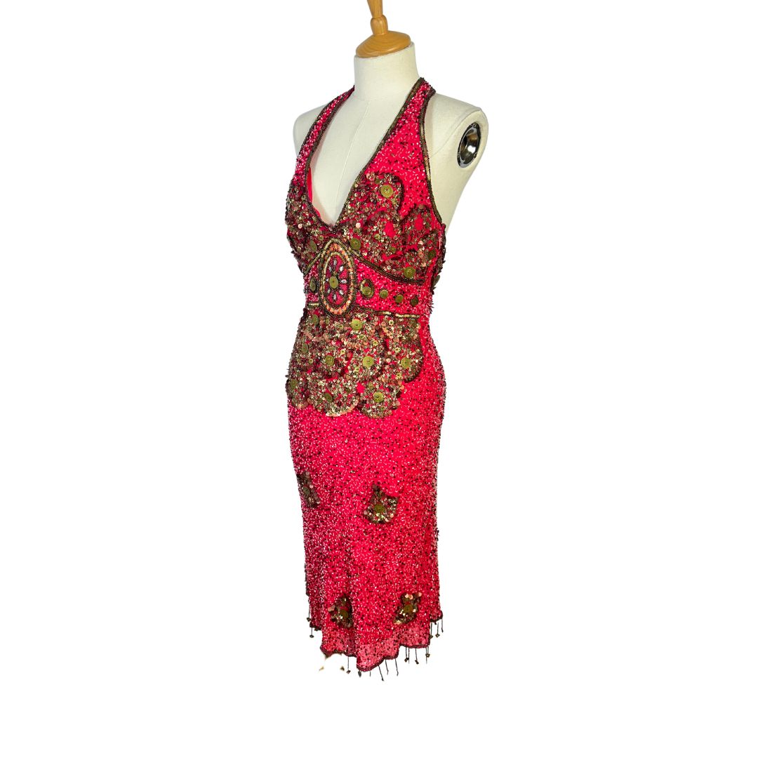 Fuchsia vintage beaded silk dress - S