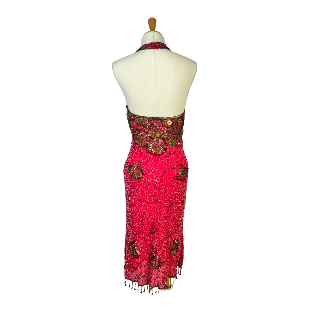 Fuchsia vintage beaded silk dress - S