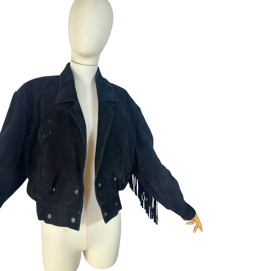 Black vintage suede leather jacket with fringe - S