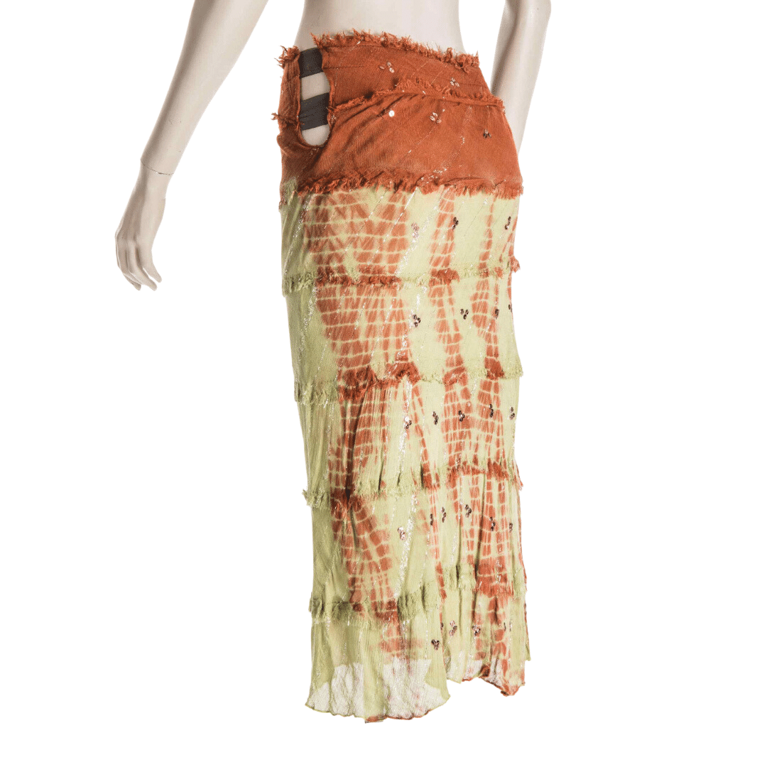 Tie-dye boho skirt with fringe detail and cut-out sides - S