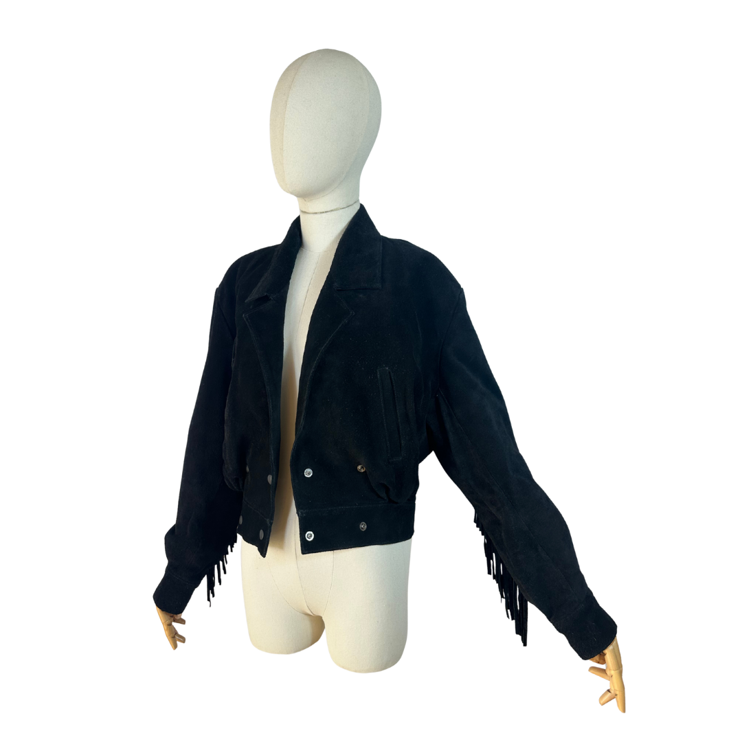 Black vintage suede leather jacket with fringe - S