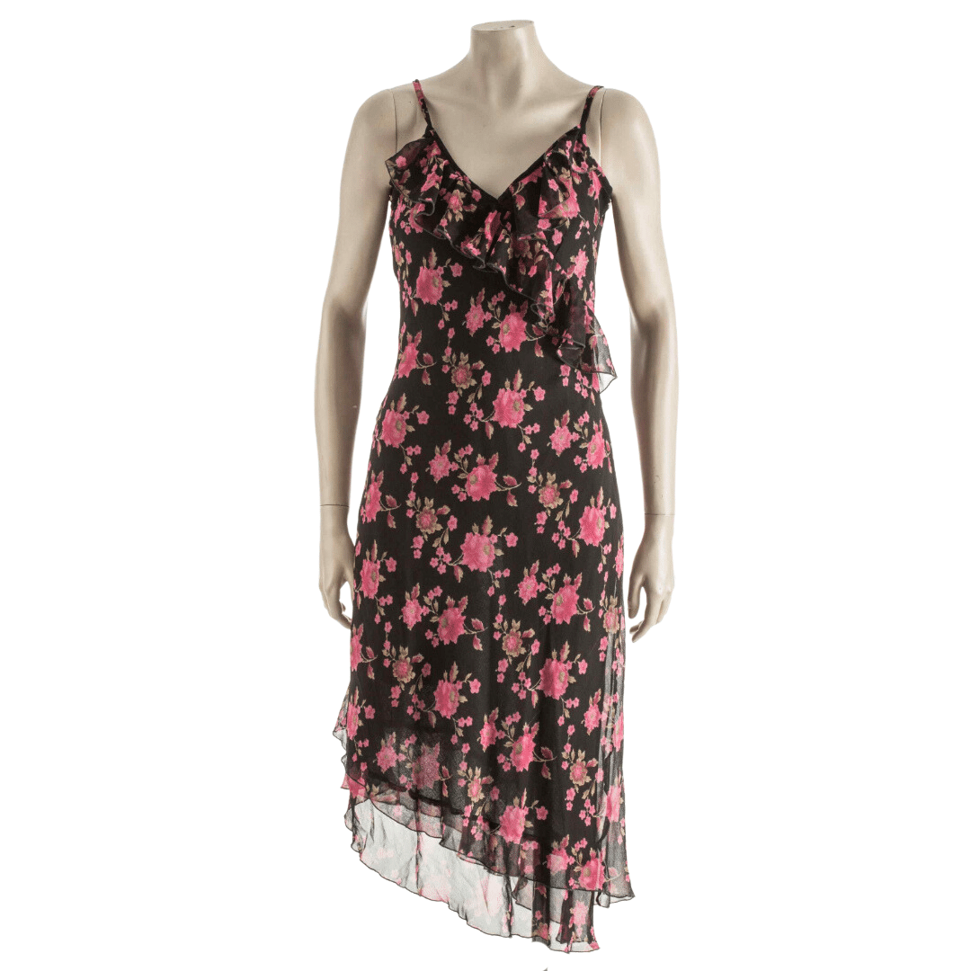 Floral dress with asymmetrical hem and ruffle detail - S