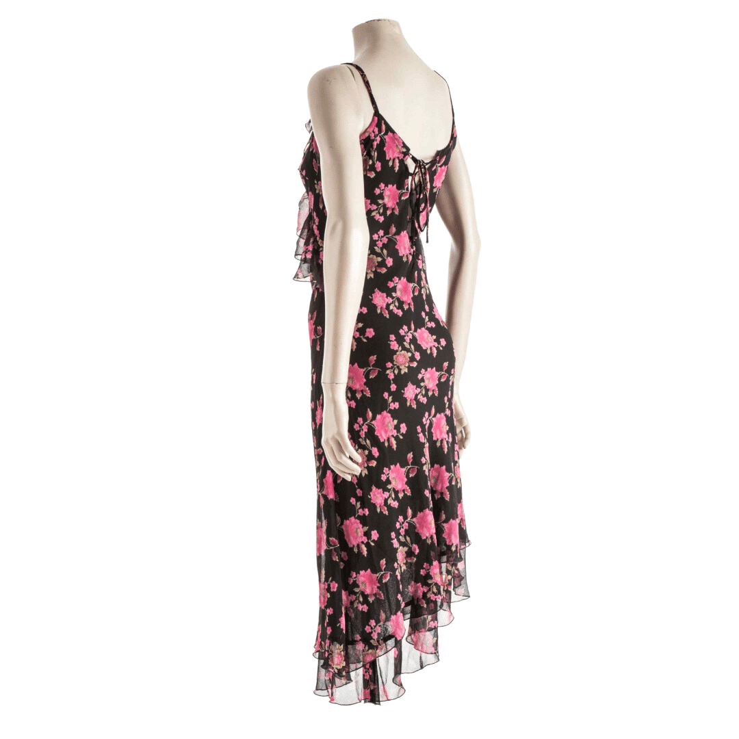 Floral dress with asymmetrical hem and ruffle detail - S
