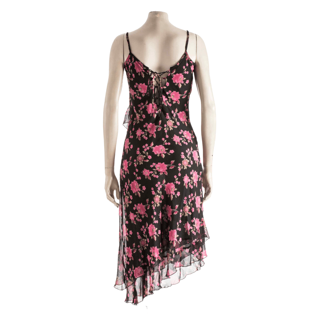 Floral dress with asymmetrical hem and ruffle detail - S