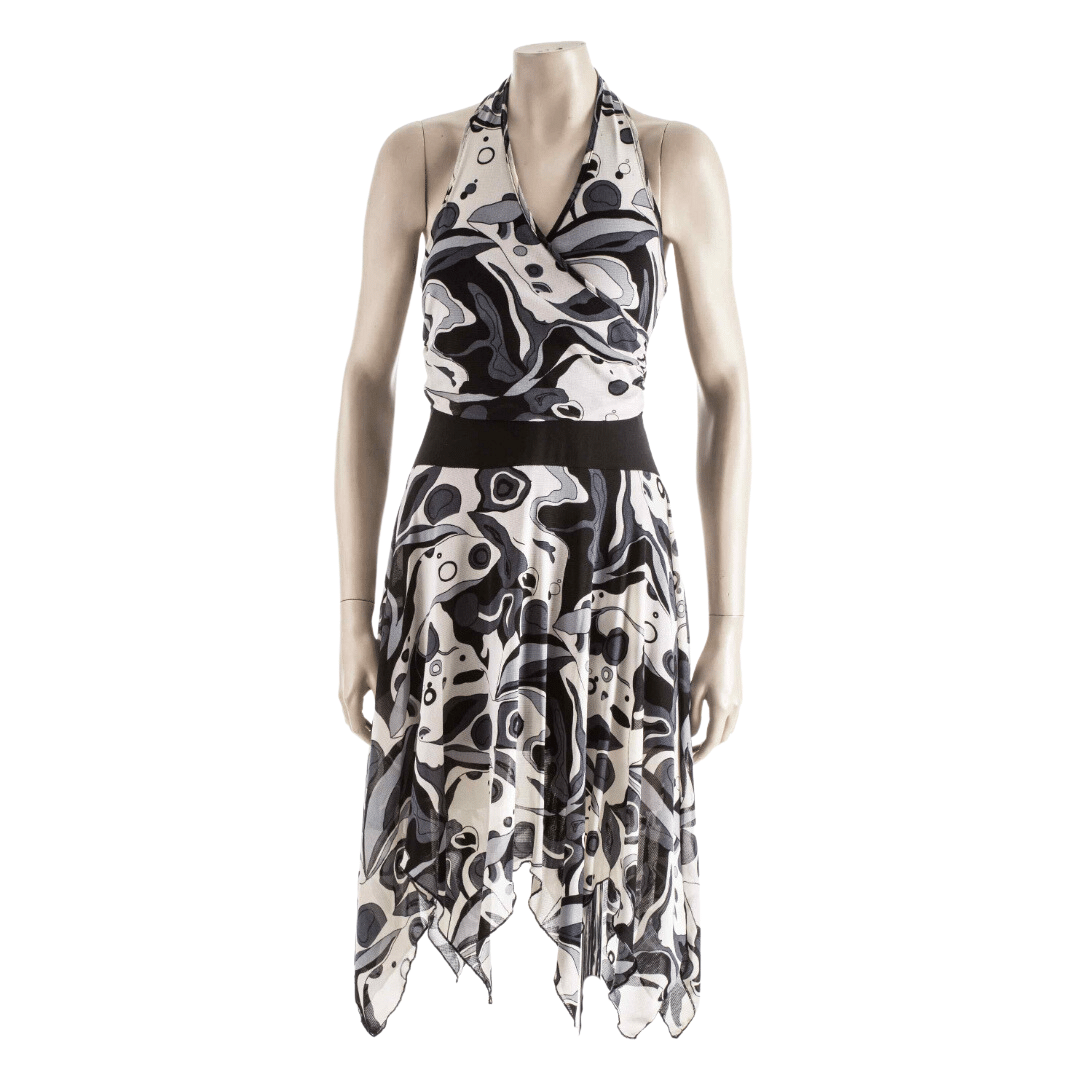 Printed halter mesh midi dress with open back - S