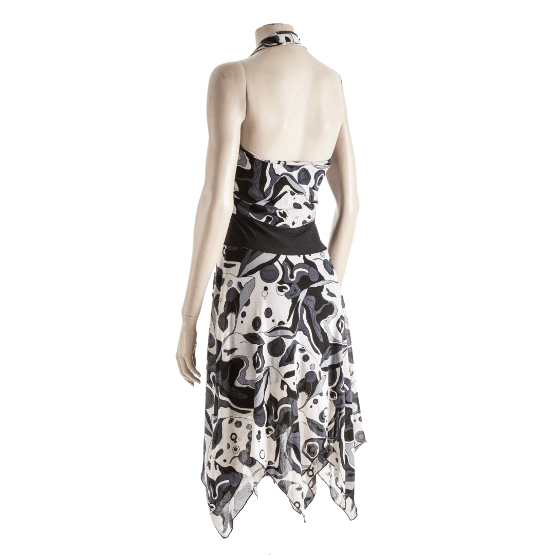 Printed halter mesh midi dress with open back - S