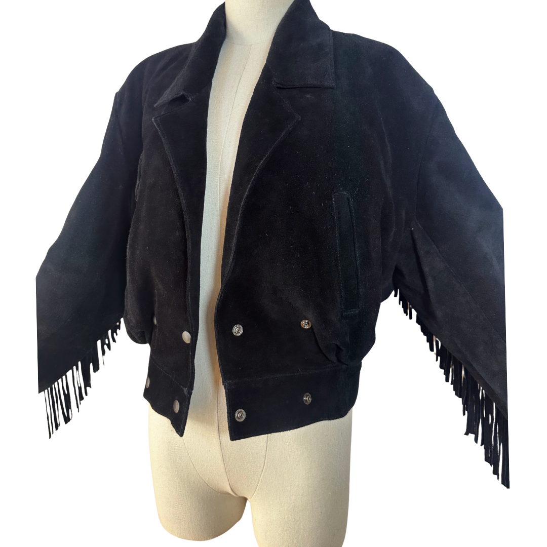 Black vintage suede leather jacket with fringe - S